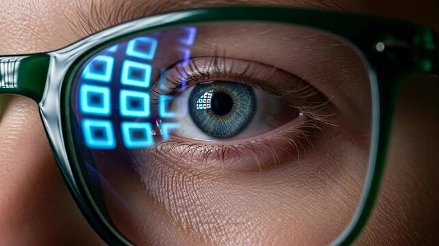 Close up of eye scanning through glasses with digital overlay transitioning from side to center with grid overlay shifting video eye viewed high resolution digital art with transformation