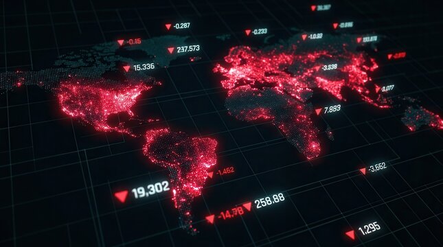 Financial world map with red indicators of drawdown, slippage loss, and forced liquidation.