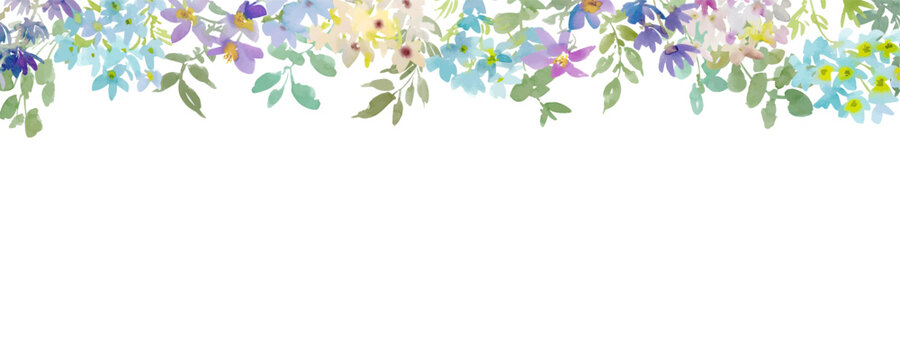 Watercolor Elegant Floral Drop Background with Abstract Hand-Painted Blue, White, and Purple Wildflowers for Banners, Headers, and Wedding Invitations, Vector File.