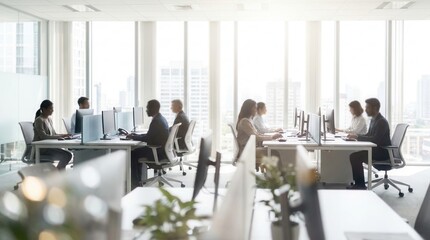 Fototapeta premium Professional corporate business background featuring a modern open plan office with colleagues.