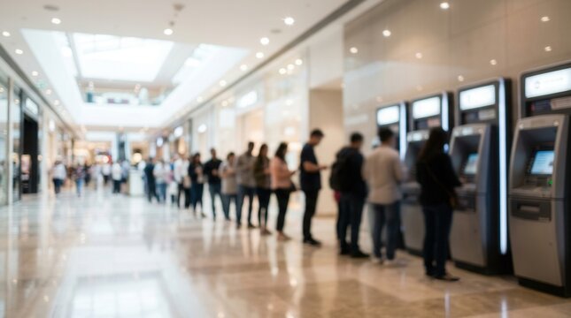 A line of customers waiting at automated teller machines in a public shopping mall space.