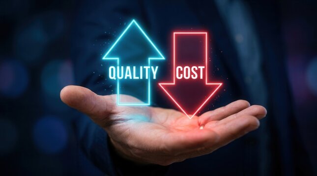 Business concept of increasing quality and reducing cost symbolized by glowing neon arrows in a hand.