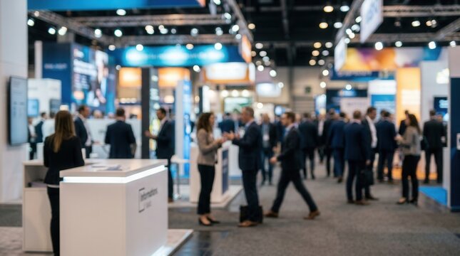 Blurred view of a busy trade show floor with people at information stands in a large convention center.