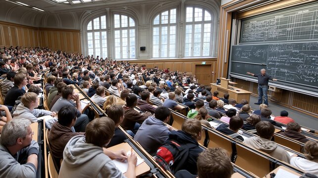 University professor lecturing to a large diverse student audience in an amphitheater with a blackboard full of equations during a daytime class