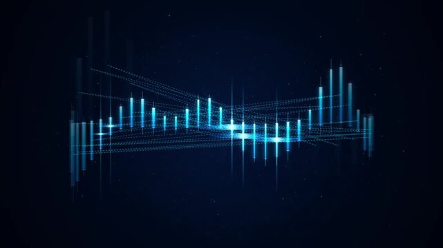 A futuristic loop of glowing blue digital candlestick charts and audio waveforms shifting dynamically across a dark virtual background with subtle particle light effects representing trading data.
