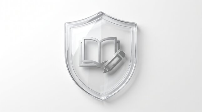 Transparent glass shield protecting an open book and pencil icon on a white background representing education security