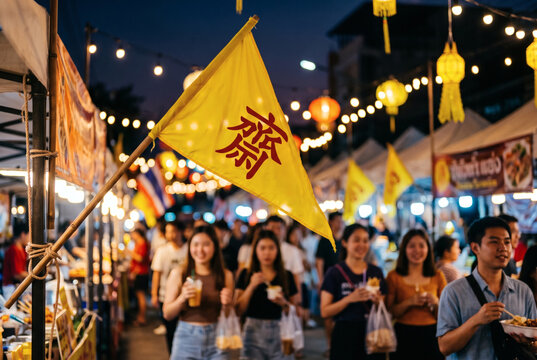 Vibrant yellow Chinese vegetarian festival flag fluttering in wind, blurred modern night market background with warm lights.