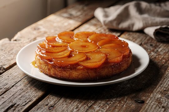 Rustic Homemade Apple Tarte Tatin on Weathered Wooden Table, Warm Sunlight Streaming Through Window, Caramelized Fruit Glazing, Earthy Tones and Textures, Capturing Cozy Autumnal Charm