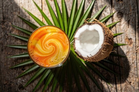 Vibrant Tropical Smoothie in Glass on Rustic Wooden Surface, Sunlit Setting with Fresh Coconut and Palm Leaf, Warm Natural Light Enhancing Rich Colors, Capturing Refreshing Tropical Essence