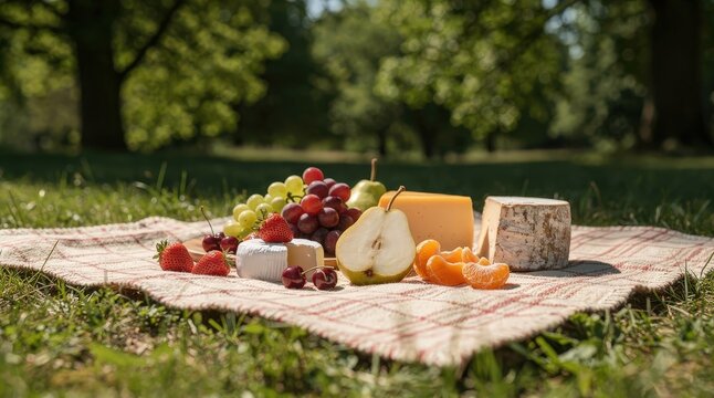 Delightful Picnic Spread with Fresh Fruits and Cheese on Checkered Blanket in Sunlit Park, Warm Afternoon Glow, Vibrant Greenery, Inviting Scene of Relaxation and Leisure