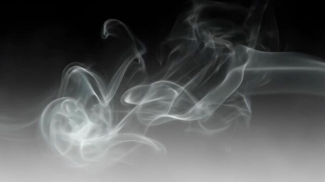 Smoke forming dynamic swirling shapes against dark background with video smoke creating intricate swirling patterns low light translucent volumetric grayscale streaming with expanding