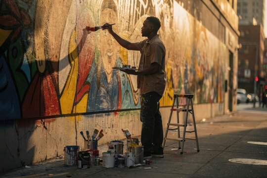 Talented Street Artist Painting Vibrant Mural on Urban Wall in Cityscape, Golden Hour Light Casting Long Shadows, Assorted Paint Cans and Ladder Nearby, Capturing Creative Expression and Urban Culture