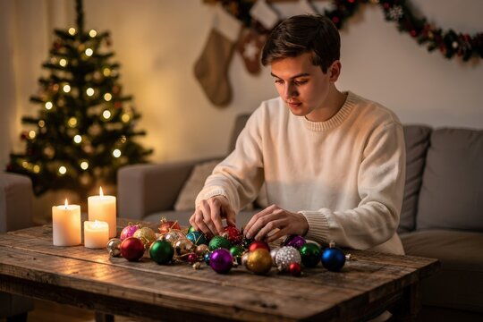 Young Man Carefully Arranging Colorful Christmas Ornaments on Rustic Wooden Table in Cozy Living Room, Warm Candlelight and Soft Glow from Decorated Tree, Capturing Festive Holiday Spirit