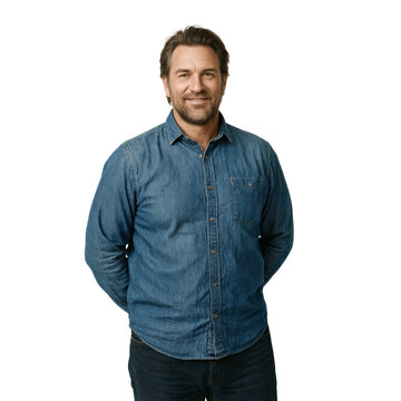 Man portrait plus size isolated on a transparent background featuring a confident 48 year old Caucasian male in blue chambray shirt