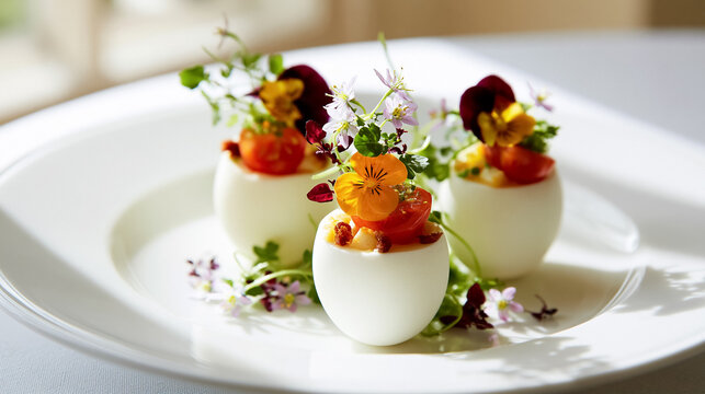 Gourmet deviled eggs with edible flowers, cherry tomatoes, and microgreens presenting elegant appetizers for fine dining