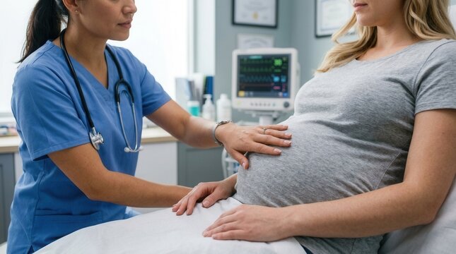 A healthcare professional in scrubs focusing on maternity support and prenatal care for a patient.