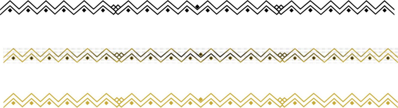 Geometric zigzag chevron border set featuring dotted chevron wave pattern linear dividers gold and silver gradient frame trim and ethnic decorative line rules in vector style isolated on white 
