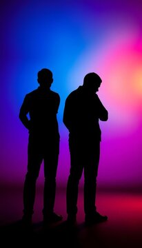 Two black silhouettes standing with hands behind back, one leaning back, intrigue, silhouette