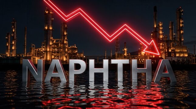 Naphtha economic challenges and declining market trends over an industrial facility.