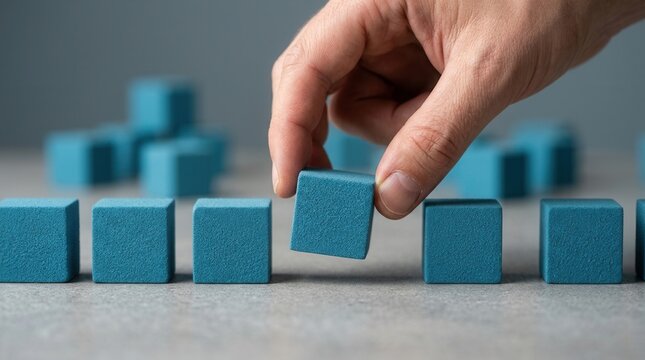 A hand placing a blue cube to complete a sequence for business mission and vision strategy.