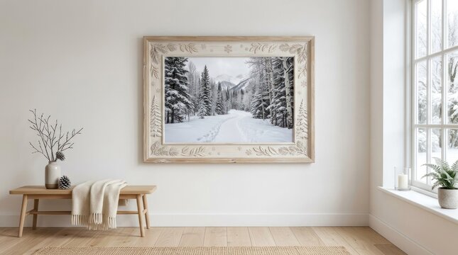 A serene winter landscape with a snow-covered road leading through a forest, framed in a vintage wooden frame.