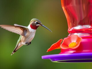 Fototapeta premium Delicate hummingbird sips nectar from a vibrant feeder, birdwatching, flowers