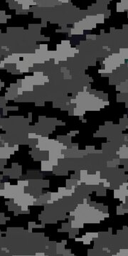 Digital pixel camouflage pattern with varying shades of gray and black, creating a seamless design ideal for backgrounds, pattern, design