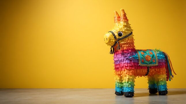 Colorful Donkey Pinata on a Vibrant Yellow Background.