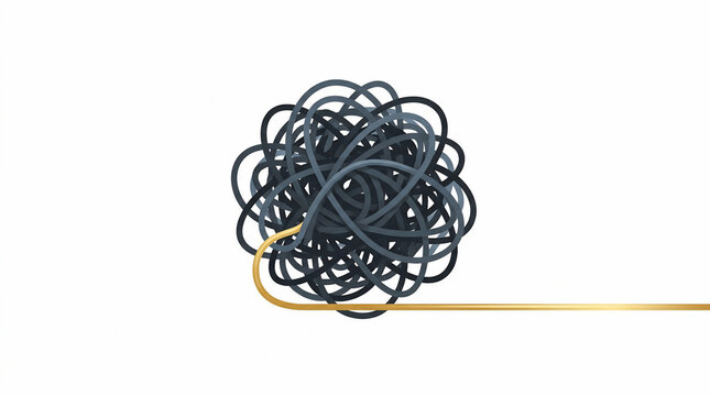 Abstract illustration of a tangled black wire ball with a single straight gold thread.