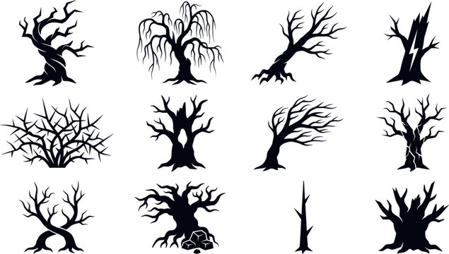 Set of dark black spooky tree silhouettes with gnarled bare branches, weeping willow shapes, and leafless autumn forest elements for Halloween design graphic templates.