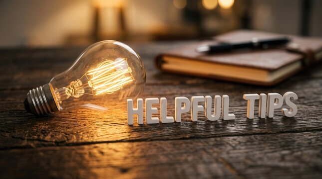 White letters spelling helpful tips positioned beside a glowing lightbulb on a dark wood surface.