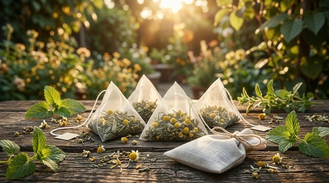 A set of organic lemon balm and green tea bags on a wooden surface with a garden background.
