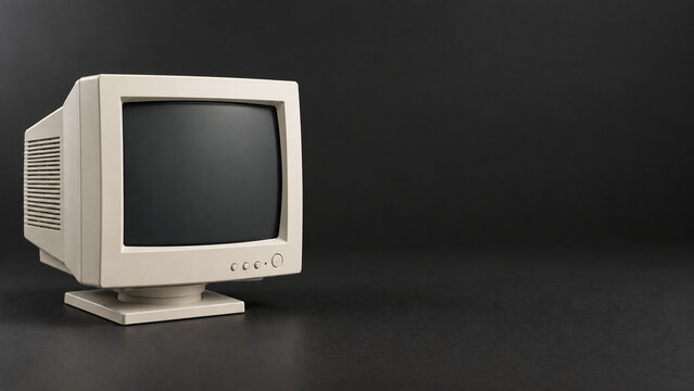 Retro beige CRT computer monitor on dark studio background