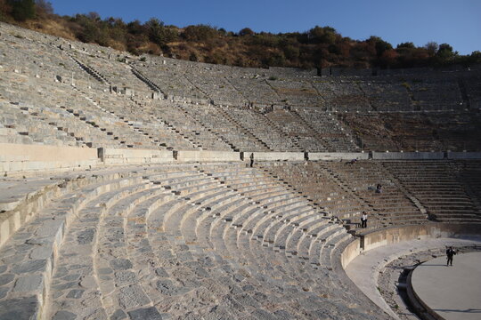 Panoramic view of the Great Theatre of Ephesus, showcasing its historical architecture and the scale of the ancient structure.