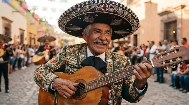 Elderly Mariachi Musician Playing Guitar in Traditional Attire.