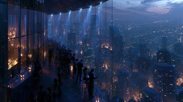 People on balcony observing illuminated cityscape at dusk with dramatic uplighting from below