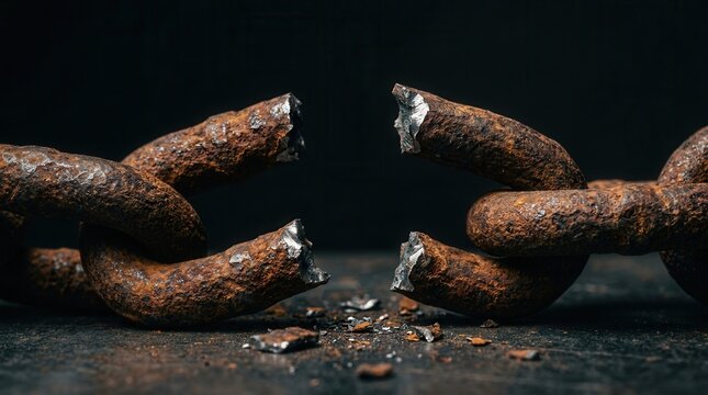 A broken rusted metal chain representing freedom and victory over sin.