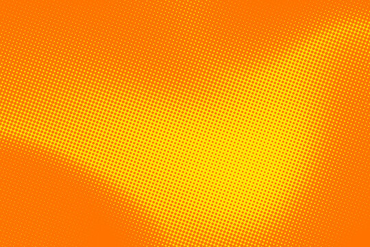 Orange halftone pattern background features a vibrant yellow gradient with retro comic book dot textures.