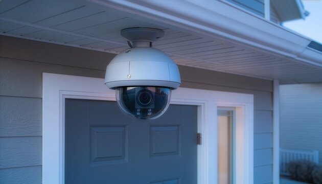 Modern security CCTV camera mounted above the front door of a suburban house.