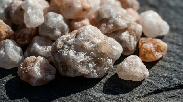 Close-up of raw translucent quartz crystals and natural mineral stones on a dark textured rock surface