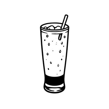 Iced coffee drink in highball glass with straw doodle line art vector illustration isolated on white background
