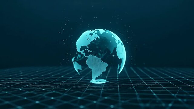 Three glowing globes floating above futuristic grid space background with cosmic particles with illuminated spherical models drifting over geometric starry particles deep