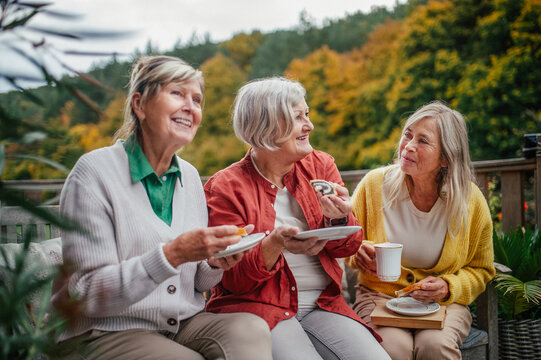Happy senior women enjoying cup of herbal tea together.
