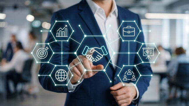 Businessman interacting with digital handshake and business growth icons on holographic interface for corporate strategy and professional development in office environment with blurred background