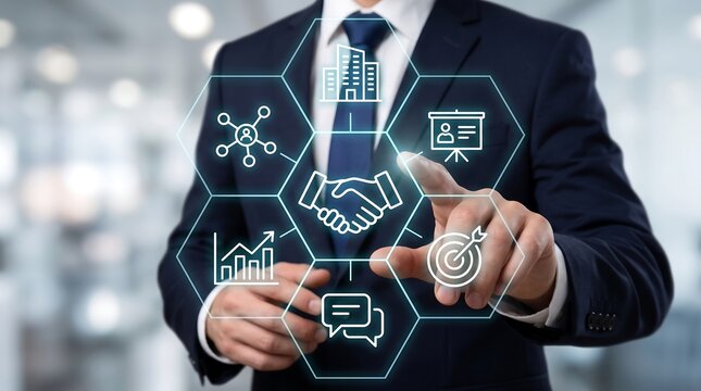 Businessman pointing at digital handshake icon on holographic interface for partnership and business collaboration concept in modern office corporate environment with bokeh background