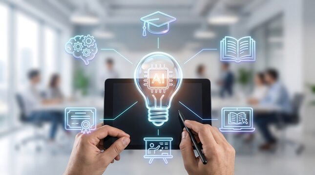 Businessman using tablet with digital artificial intelligence learning icons floating above screen for professional development and educational training in modern office workspace background