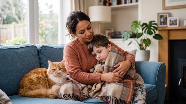 Mother Comforting a Sick Child Wrapped in a Blanket on a Couch at Home with a Pet Cat Nearby