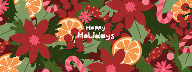 Obraz premium Merry Christmas greeting card template in retro vintage, cottage core style. Cute botanical pattern with plants, flowers, leaves, fir, oranges, berries, candies. 