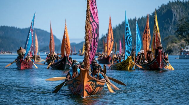 Indigenous canoes with vibrant patterned sails navigating calm blue water under bright sunlight during a cultural celebration