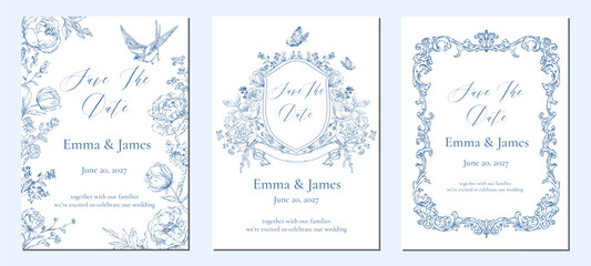 Fototapeta na wymiar Baroque floral wedding invitation card set. Vintage flower frame design template. Spring elegant flower, swallow bird luxury border. Greeting card marriage save the date. Vector line art illustration